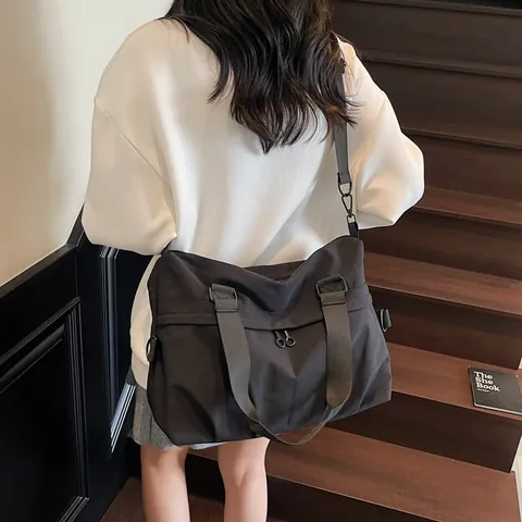 Women Large Capacity Nylon Shoulder Bag Adjustable Strap Tote Crossbody Bag For Travel Gym Commuting Solid Color Handbag