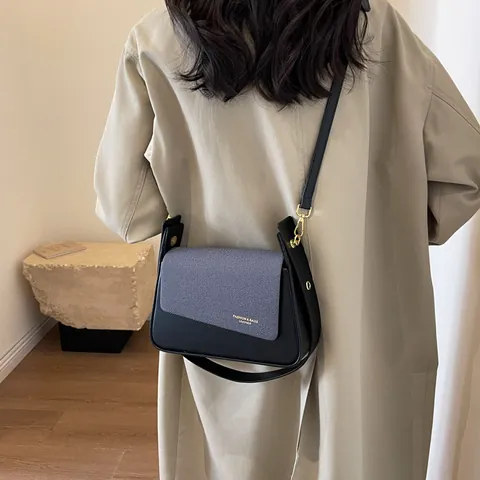 Retro Splicing PU Leather Shoulder Bag For Women Casual Spliced Fabric Flip Square Crossbody Bag With Gold Hardware Fashion Handbag