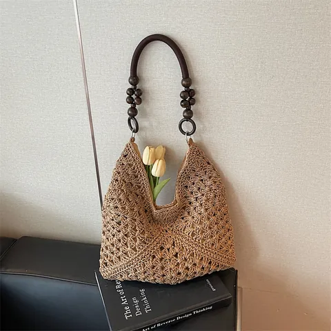 Women Large Capacity Straw Woven Tote Bag Vintage Bohemian Hollow Out Crochet Shoulder Bag With Wood Bead Strap Casual Beach Bag