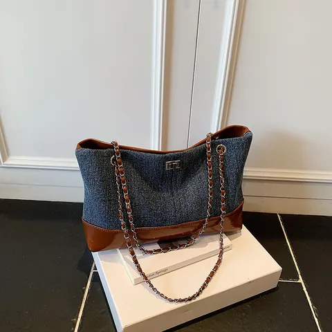 Vintage Patchwork Denim Tote Bag For Women Large Capacity Chain Strap Shoulder Bag With Cute Plush Bear Charm Casual Retro Handbag
