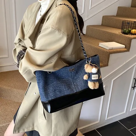 Vintage Patchwork Denim Tote Bag For Women Large Capacity Chain Strap Shoulder Bag With Cute Plush Bear Charm Casual Retro Handbag