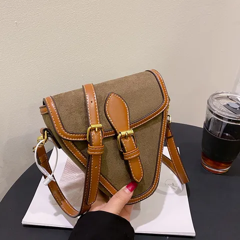 Women Vintage Triangular Crossbody Bag PU Suede Contrast Stitching Belt Buckle Small Shoulder Bag Adjustable Strap Fashion Handbag