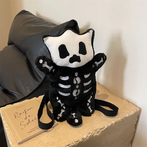 Sac à Dos en Peluche Chat Crâne d'Halloween Motif Squelette Gothique Sac à Bandoulière Moelleux Noir Blanc pour Femme Fête