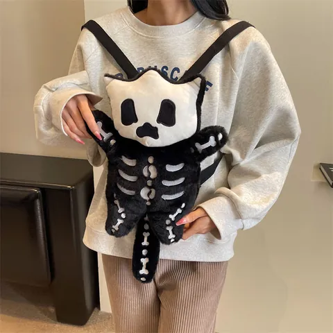 Sac à Dos en Peluche Chat Crâne d'Halloween Motif Squelette Gothique Sac à Bandoulière Moelleux Noir Blanc pour Femme Fête
