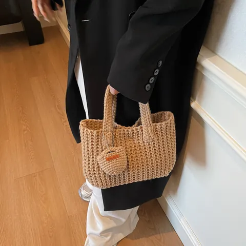 Women's Hand-knitted Tote Bag Solid Color Crochet Handbag With Decorative Charm Vintage Minimalist Knitted Shoulder Bag