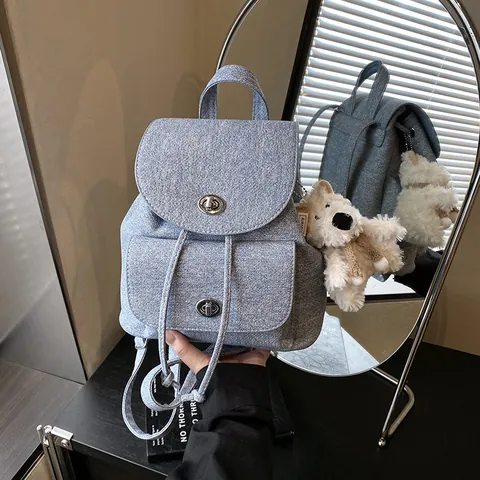 Women Vintage PU Leather Denim Backpack Retro School Bag Large Capacity Fashion Travel Bag With Cute Plush Bear Pendant