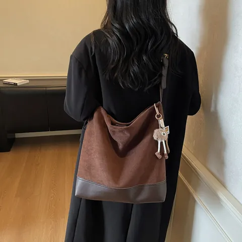 Women Retro Suede PU Leather Patchwork Bucket Bag Large Capacity Hobo Shoulder Bag Daily Commute Handbag With Pendant