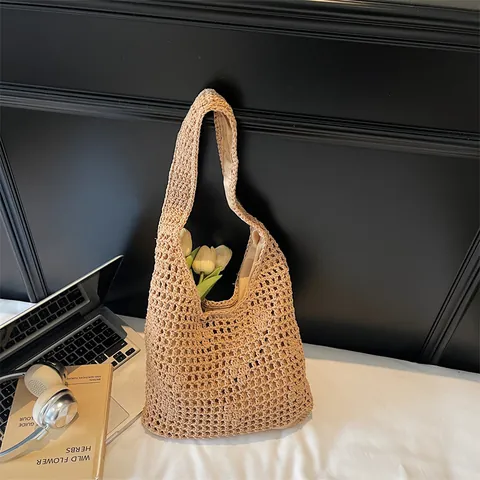 Borsa a Spalla da Donna in Paglia Intrecciata all'Uncinetto Borsa Tote con Fodera per Spiaggia Vacanza Borsa Boho Fatta a Mano