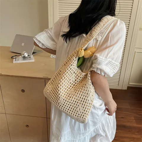 Borsa a Spalla da Donna in Paglia Intrecciata all'Uncinetto Borsa Tote con Fodera per Spiaggia Vacanza Borsa Boho Fatta a Mano