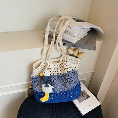 Women Large Capacity Hand-woven Tote Bag Summer Hollow Crochet Shoulder Bag Gradient Color Beach Vacation Casual Shopper Bag