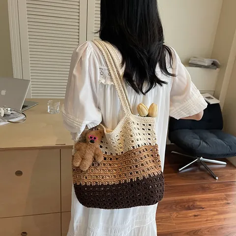 Women Large Capacity Hand-woven Tote Bag Summer Hollow Crochet Shoulder Bag Gradient Color Beach Vacation Casual Shopper Bag