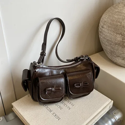 Women's Retro PU Leather Underarm Shoulder Bag With Bow Knot Multi Pockets Fashion Solid Color Crossbody Bag For Commuting