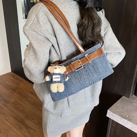 Women's Retro Denim Underarm Bag With Belt Buckle And Teddy Bear Charm Y2K Vintage Style PU Leather Shoulder Bag Casual Tote Purse