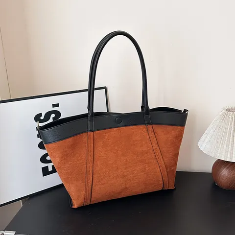 Large Capacity Tote Bag Women Vintage Faux Suede PU Leather Splicing Shoulder Bag Casual Commute Handbag