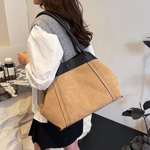 Large Capacity Tote Bag Women Vintage Faux Suede PU Leather Splicing Shoulder Bag Casual Commute Handbag