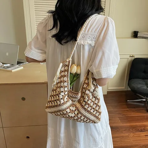 Borsa Tote Intrecciata a Uncinetto Fatta a Mano per Donna Motivo Geometrico Bohémien Borsa a Tracolla Con Nappine Vacanza al Mare Borsa Casual Grande