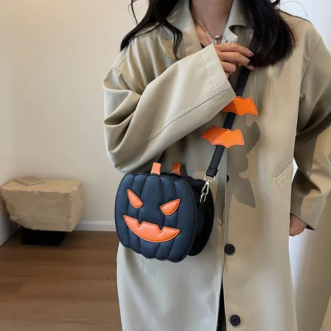 Borsa a Tracolla a Forma di Zucca di Halloween per Donna Borsa a Spalla in Pelle PU Jack-O'-Lantern Con Decorazione a Pipistrello