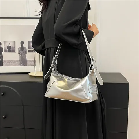 Women Glossy PU Leather Underarm Bag Large Capacity Solid Color Shoulder Bag Chic Commuter Fashion Handbag Work Purse