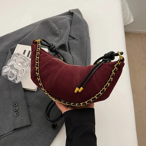 Damen Wildleder Croissant Schultertasche Vintage Plissierte Halbmond Unterarmtasche Mit Goldkette Geknoteter Riemen Mode Handtasche