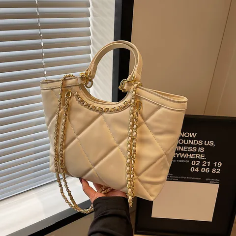Women Quilted Diamond Tote Bag Large Capacity PU Leather Minimalist Chain Shoulder Bag Daily Commute Handbag Hand Bag