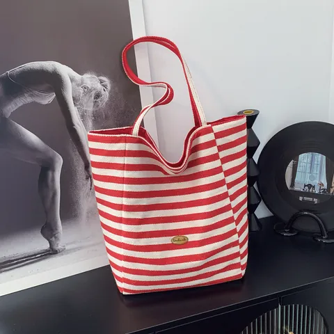 French Style Canvas Stripe Tote Bag Large Capacity Women Shoulder Bag With Merci Letter Print Casual Beach Shopping Handbag