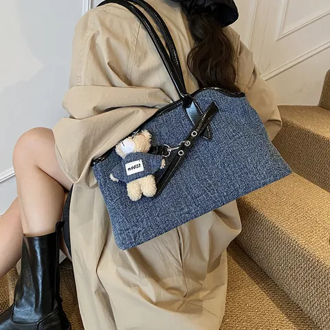 Fashion Denim Tote Bag For Women Large Capacity Shoulder Handbag With Bear Charm Wavy Edge Office Casual Fashion Bag