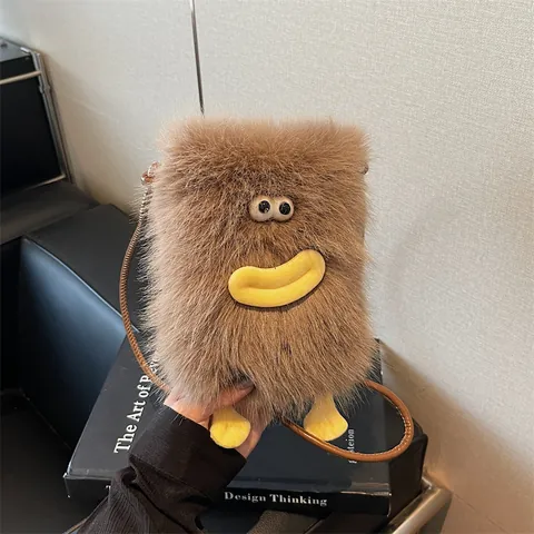 Korean Funny Plush Monster Crossbody Bag For Women Ugly-Cute Sausage Mouth Furry Shoulder Bag With 3D Eyes Small Feet Small Square Bag