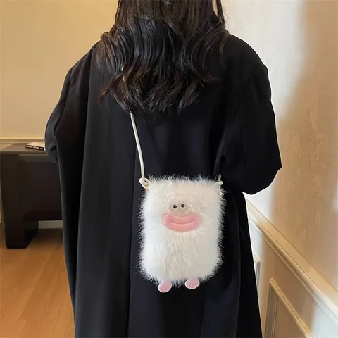 Korean Funny Plush Monster Crossbody Bag For Women Ugly-Cute Sausage Mouth Furry Shoulder Bag With 3D Eyes Small Feet Small Square Bag