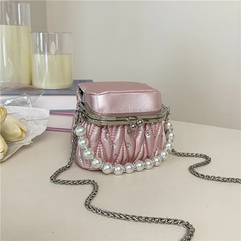 Women Fashion Mini Pleated Handbag With Artificial Pearl Handle Rhinestone Decor PU Leather Crossbody Shoulder Bag For Party Evening