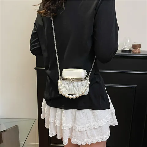 Women Fashion Mini Pleated Handbag With Artificial Pearl Handle Rhinestone Decor PU Leather Crossbody Shoulder Bag For Party Evening