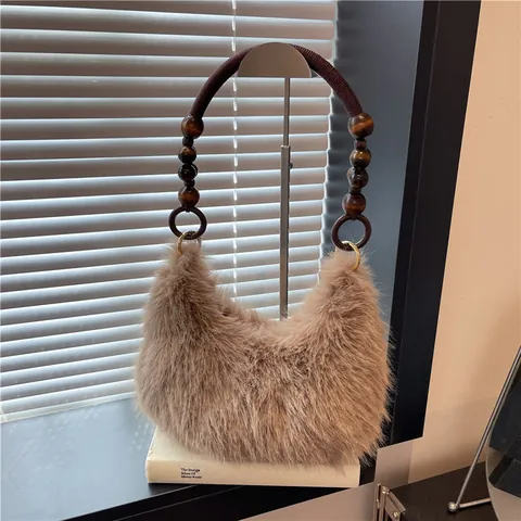 Bolso Hobo de Piel Sintética para Mujer Con Asa de Cuentas de Madera Bolso de Hombro de Peluche Vintage Color Sólido