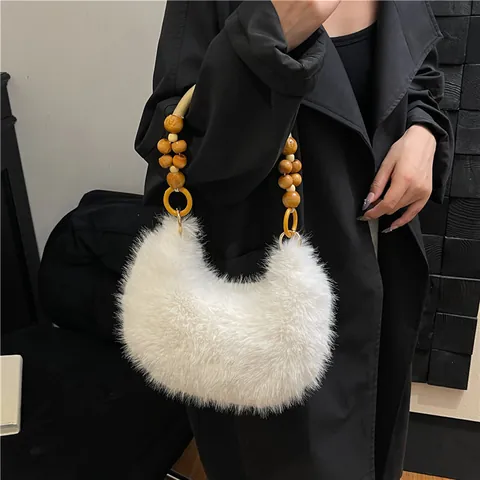 Bolso Hobo de Piel Sintética para Mujer Con Asa de Cuentas de Madera Bolso de Hombro de Peluche Vintage Color Sólido