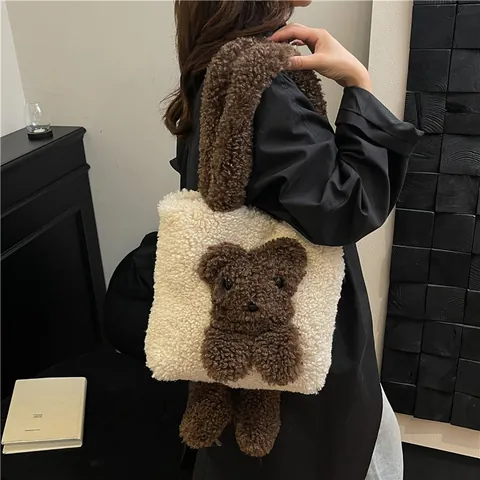 Cute 3D Bear Plush Tote Bag Faux Lamb Wool Shoulder Bag Large Capacity Contrast Color Handbag Women Winter Daily Fashion