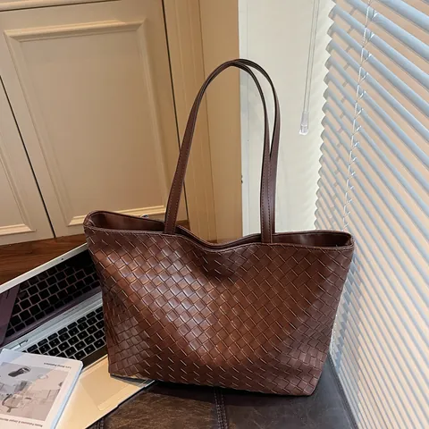 Women Vintage Woven PU Leather Tote Bag Large Capacity Contrast Color Shoulder Bag Commuting Office Casual Fashion Bag