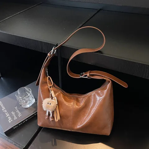 Large Capacity Hobo Shoulder Bag For Women Glossy PU Leather Tote Bag With Plush Charm Adjustable Strap Casual Crossbody Bag