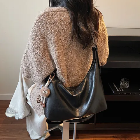 Large Capacity Hobo Shoulder Bag For Women Glossy PU Leather Tote Bag With Plush Charm Adjustable Strap Casual Crossbody Bag
