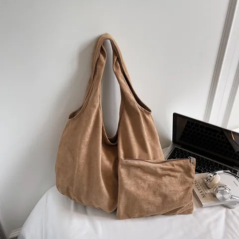 Suede Velvet Large Capacity Tote Bag For Women Solid Color Hobo Shoulder Bag With Small Pouch Korean Lazy Style Casual Commuter Handbag