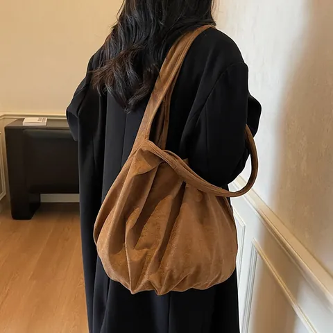 Suede Velvet Large Capacity Tote Bag For Women Solid Color Hobo Shoulder Bag With Small Pouch Korean Lazy Style Casual Commuter Handbag