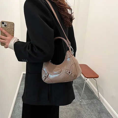 Women's Vintage PU Leather Crescent Shoulder Bag Retro Glossy Hobo Handbag With Adjustable Strap Versatile Crossbody Bag