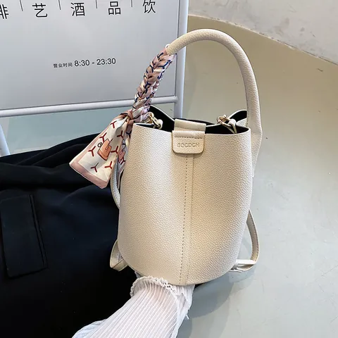 Fashion Litchi Texture PU Leather Bucket Bag For Women Minimalist Handbag With Decorative Satin Scarf Handle Elegant Purse