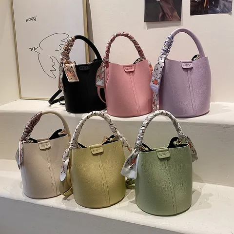 Fashion Litchi Texture PU Leather Bucket Bag For Women Minimalist Handbag With Decorative Satin Scarf Handle Elegant Purse