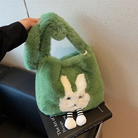 Simpatica Borsa Tote in Peluche a Forma di Coniglio Per Donna Invernale Morbida Borsa a Tracolla in Pelliccia Sintetica