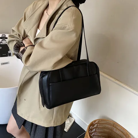 Retro Einfarbige Große Kapazität PU Leder Achseltasche Minimalistische Damen Schulter Tote Tasche Mit Reißverschluss Fronttasche