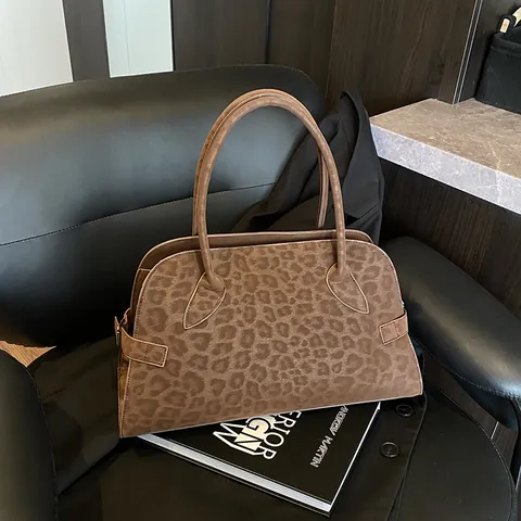 Vintage Frosted Texture Leopard Print Tote Bag For Women Large Capacity Retro Suede-Look Shoulder Underarm Bag Commuting