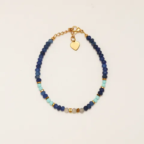 Vintage Natural Stone Beaded Bracelet For Women 18K Gold Plated Titanium Steel Blue Turquoise Heart Pendant Adjustable Bracelet Jewelry