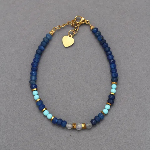 Vintage Natural Stone Beaded Bracelet For Women 18K Gold Plated Titanium Steel Blue Turquoise Heart Pendant Adjustable Bracelet Jewelry