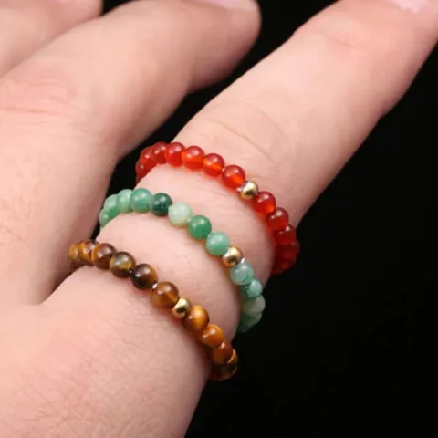 Naturstein Perlen Elastischer Ring Für Damen Handgefertigt 18K Vergoldet Titanstahl Stapelring Boho Schmuck Geschenk