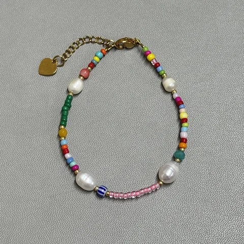 Handgemaakte Natuurlijke Zoetwaterparel Kralen Armband Voor Vrouwen Kleurrijke Glazen Kralen Boheems Zoete Bloem Hart Charm Sieraden