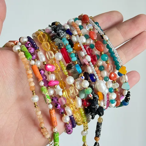 Handgemaakte Kralen Armband Vrouwen Natuursteen Barok Kunstparel Roestvrij Staal 18K Verguld Boheems Sieraden