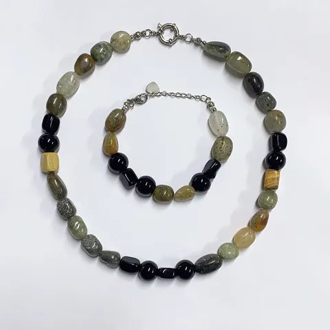 Vintage Oil Painting Style Natural Mixed Stone Necklace And Bracelet Stainless Steel Irregular Bead Jewelry For Women